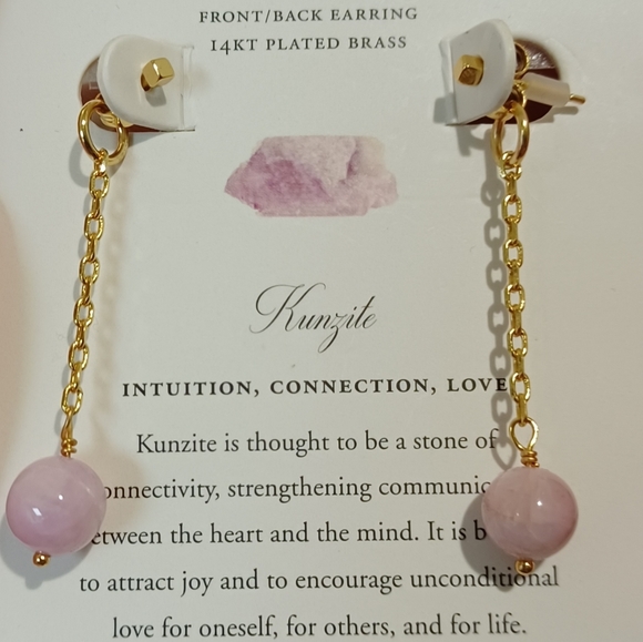 LUNA NORTE 14K GOLD PLATED BRASS KUNZITE GEMSTONE CHAIN EARRINGS - Picture 3 of 9